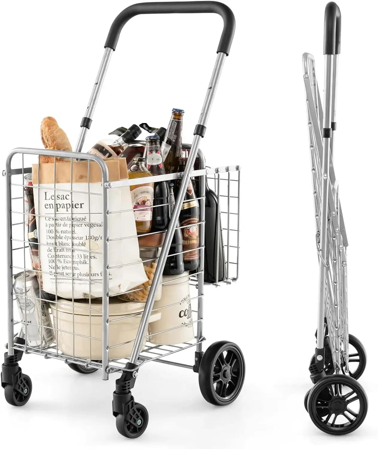 Folding Shopping Utility Cart, Double Basket and 360° Swivel Wheels, Adjustable Handle, Small Cart Perfect for Grocery Laundry