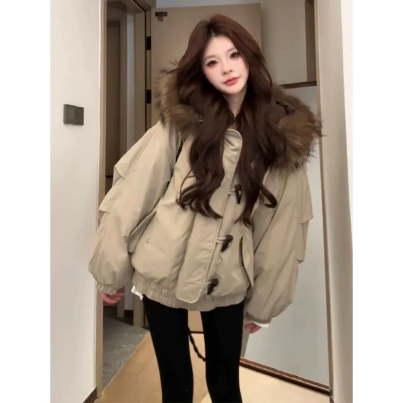 

Fur Collar Horn Buttons Korean Style Long Sleeve Women Clothing New Winter Hooded Loose Women Thickened Cotton Jacket