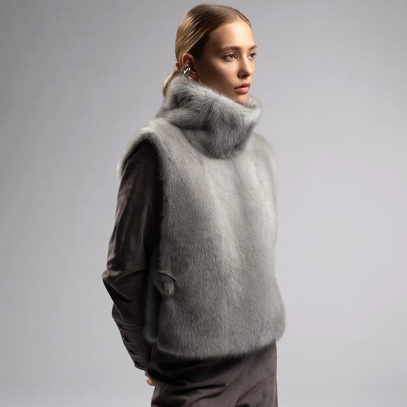 

CUTENOVA Women'S Fall/Winter New Arrival Elegant Comfortable Warm High-Neck Fur-Trim Sleeveless Button Waistcoat Chic Streetwear