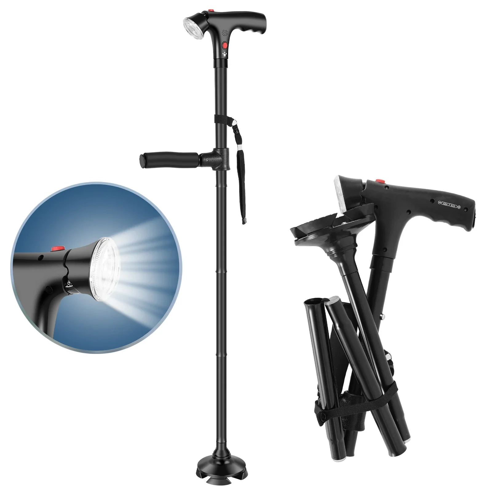 Faltbarer Gehstock mit LED-Licht, Vierbeiniger Rutschfester Aluminium-Teleskopstock mit Taschenlampe und SOS-Alarm