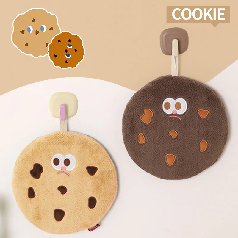 

Cute Thickened Coral Fleece Cookie-Shaped Hand Towel, Double-Layer Hanging Children's Hand Towel with Built-in Thickened Sponge