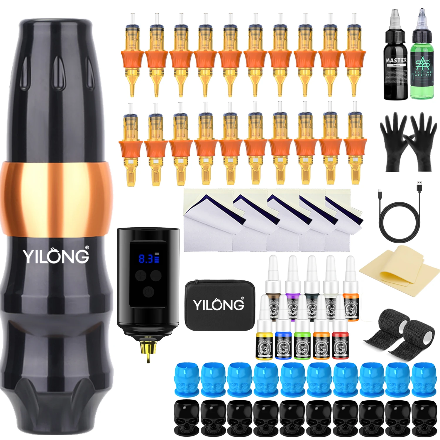 

YILONG Tattoo Gun Kit Поворотный полный набор для татуировки с блоком питания 1500 мАч и 20 шт. смешанной иглой-картриджей для татуировщиков