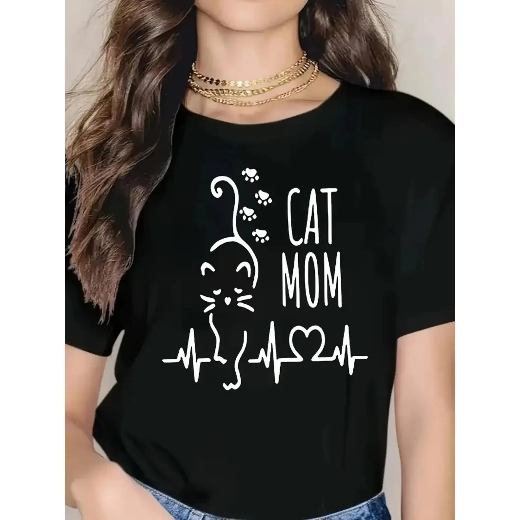 

Women's Cat Mom T-Shirt Kitty ECG Heartbeat Print Feline Lover Graphic Tee Best Pet Mother's Day Gift Top