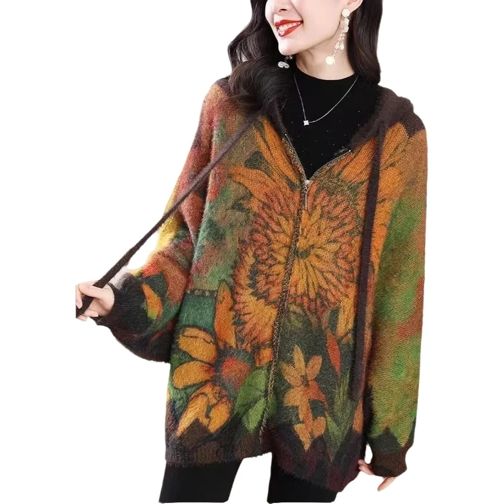 

Floral Print Cardigans Women 2025 Winter Furry Knitted Sweater Soft Hooded Sweater Long Sleeve Loose Zipper Female Cardigan