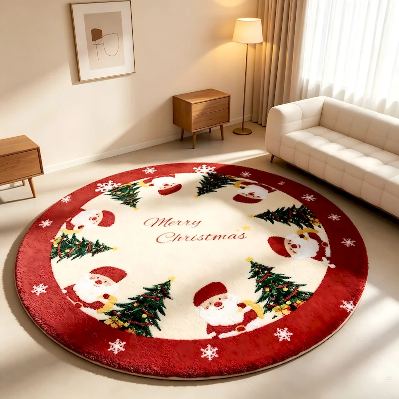 VIKAMA Santa Claus Merry Christmas Mat, Shaped Anti Slip And Absorbent Soft Carpet, Circular Entrance Home Decoration