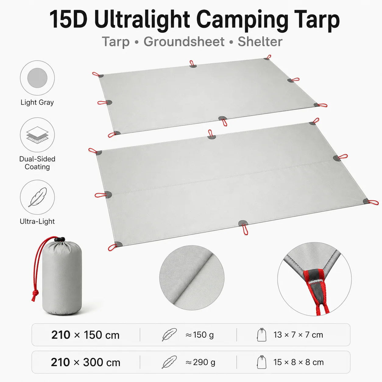 15D Ultralight Camping Tarp&Groundsheet Dual‑Sided Silicone&Silver Coated Shelter 8 Reinforced TieOut Points Sun Rain Protection