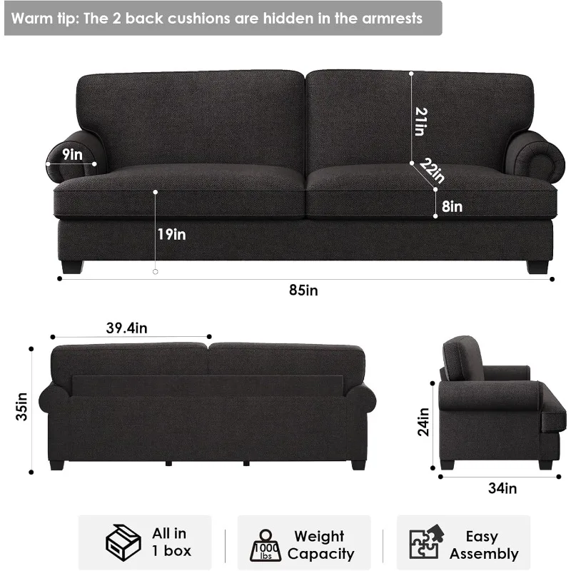 85in Sofa, Comfy Sofa Couch with 3 Extra Deep Seats and 2 USB Charging Ports, Modern Sofa Couches 34