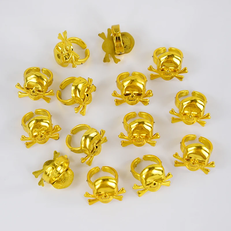 10pcs Pirate Rings Kids Pirate Decorative Rings Skull Golden Rings Costume Accessory Halloween Captain Cosplay Performance Props