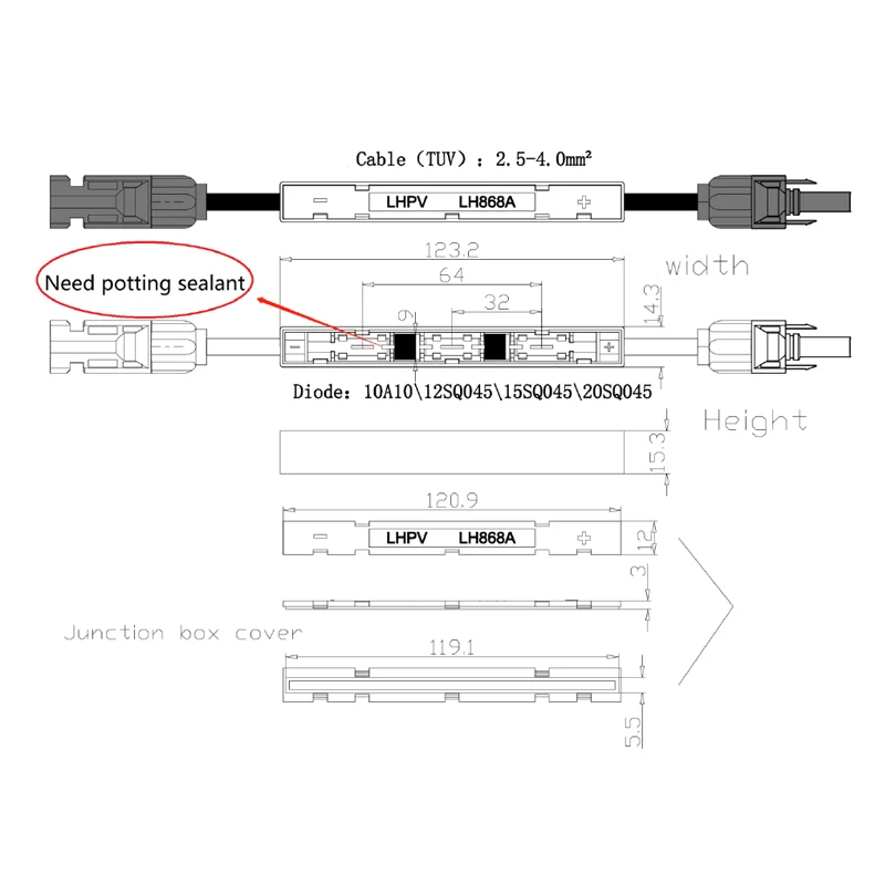 1000VDC 5.5-16A IP67 Waterproof Solar System  BIPV Junction Box