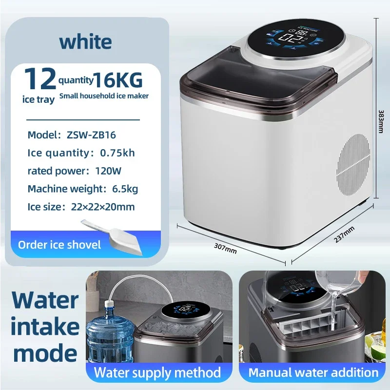 Compact Home Ice Cube Maker 16KG/24H Ice Output, Self-Priming Water Tank, Perfect for Making Iced Drinks in the Summer
