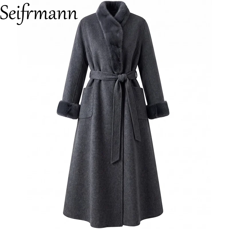 Seifrmann Solid Color Temperament Wool Coat Lapel Long Sleeve Lace Up Waist Mid-length Coat 2026 Autumn Women's New Style