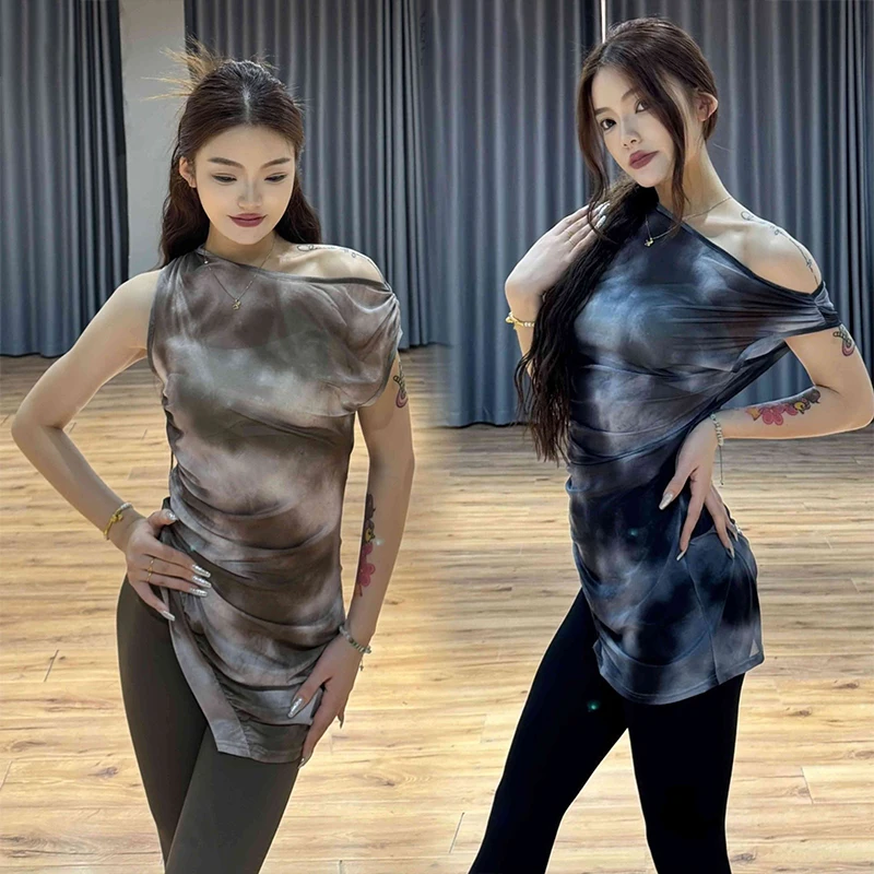 

New Slant Shoulder Latin Dance Dress Women Loose Practice Clothing Summer Bat Sleeves Amber Black Dress Rumba Dance Wear VBH648