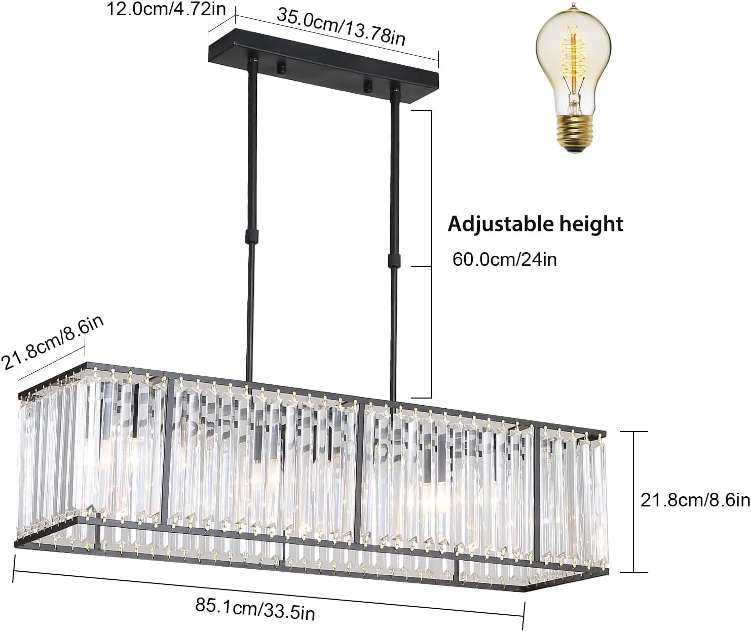 Modern Rectangular Chandelier, Luxury Chrome Pendant Ceiling Light Fixtures, Raindrop Crystal Chandeliers Lamp L33.5 x W8.7inch