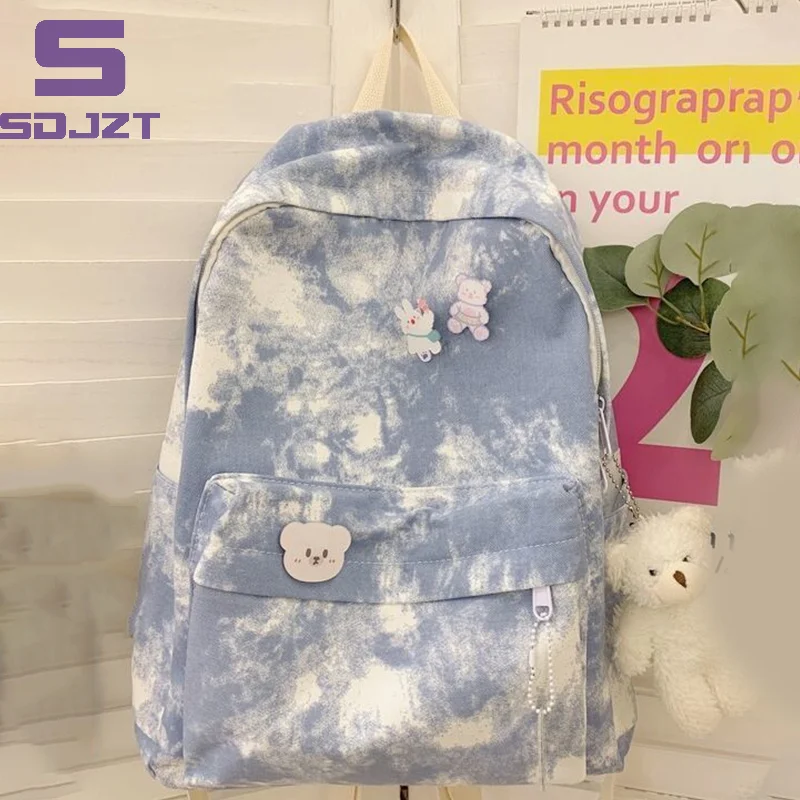 Canvas Retro Tie Dye Dames School Dubbele Rugzak Dames Effen Kleur Meisje Junior High School Rugzak