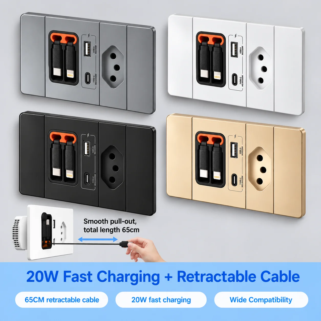 ELEGAN 118 Type Brazil Socket Panel with Retractable Cable 20W USB Fast Charging Multi-hole Type-C Wall Socket for Brazil Market
