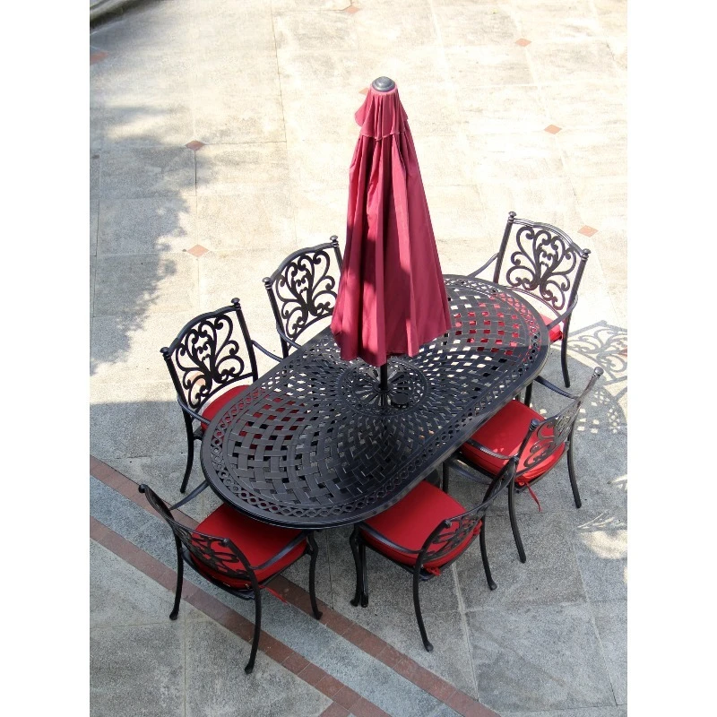 Outdoor cast aluminum oval table for 6 people, French casual aluminum art dining table and chairs for 8 people