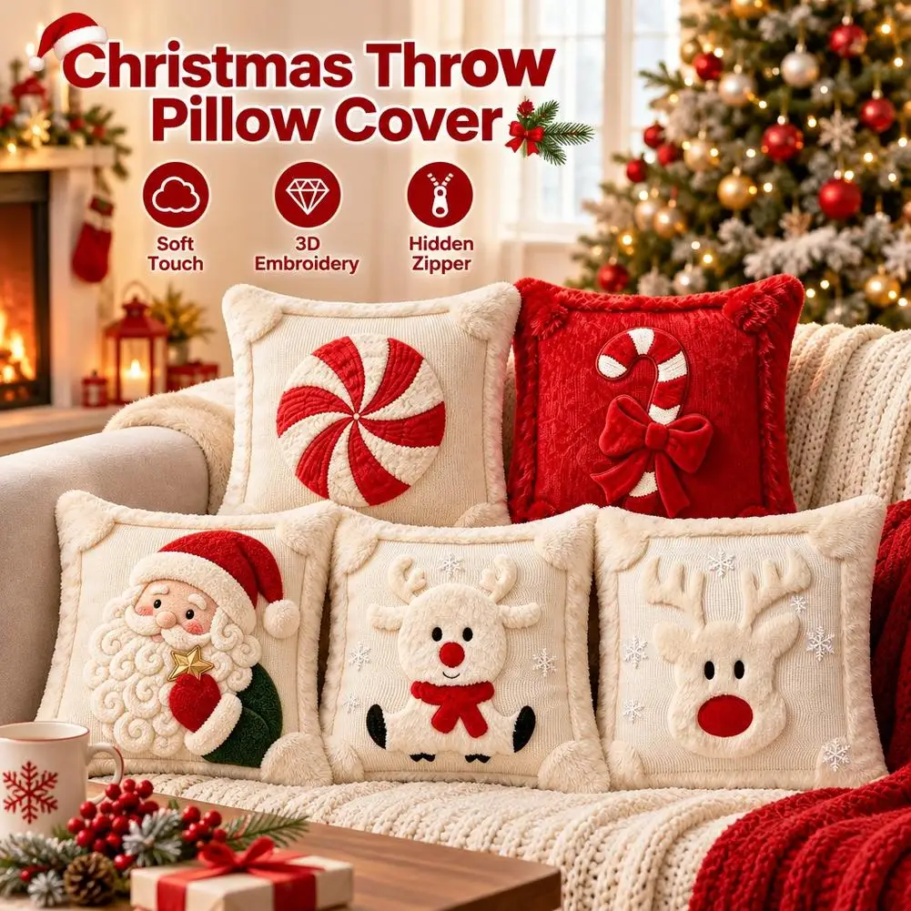 Christmas Pillow Covers Set  18x18 Faux Fur 3D Embroidered Candy Cane  Soft Plush Throw Cushion Case, Bedroom Living Room Decor