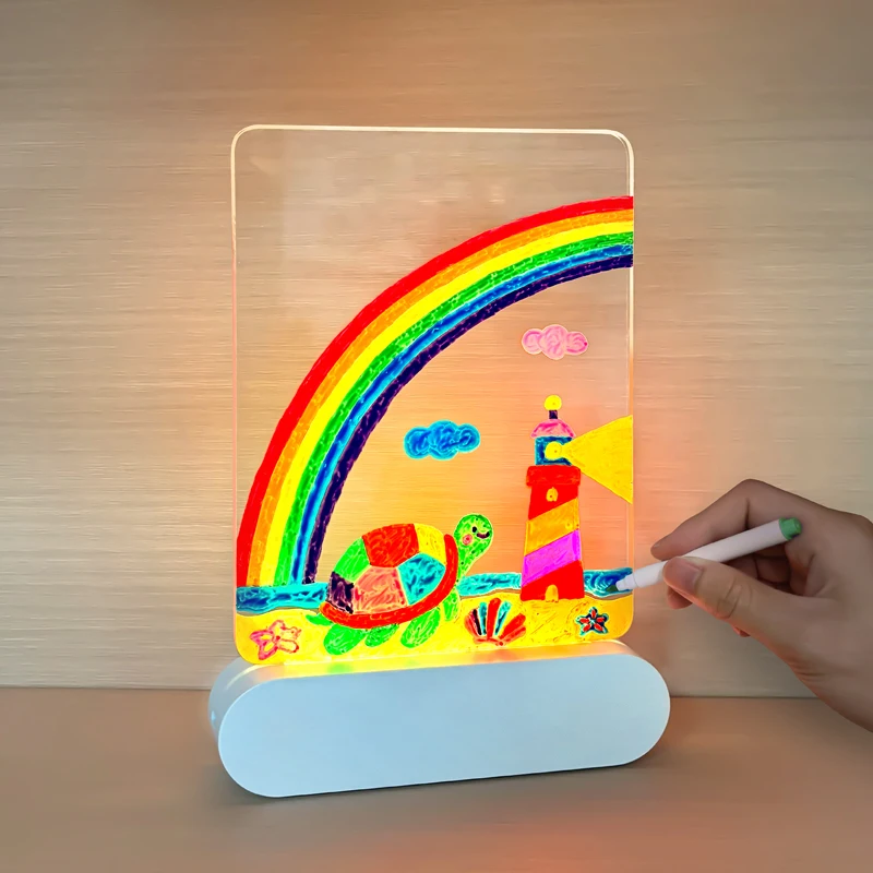 กระดานวาดภาพอะคริลิคใสแบบมีไฟ LED กระดานบันทึกข้อความแบบเขียนลบได้ ของเล่นระบายสีสำหรับเด็ก พร้อมปากกาเมจิก 7 สี
