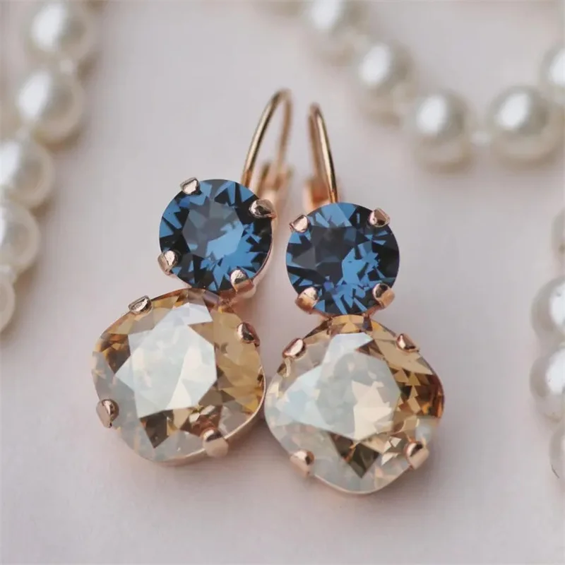 Exquisite Women Fashion Earrings Gold Color Round Inlaid Blue Champagne Stone Dangle Earrings for Women