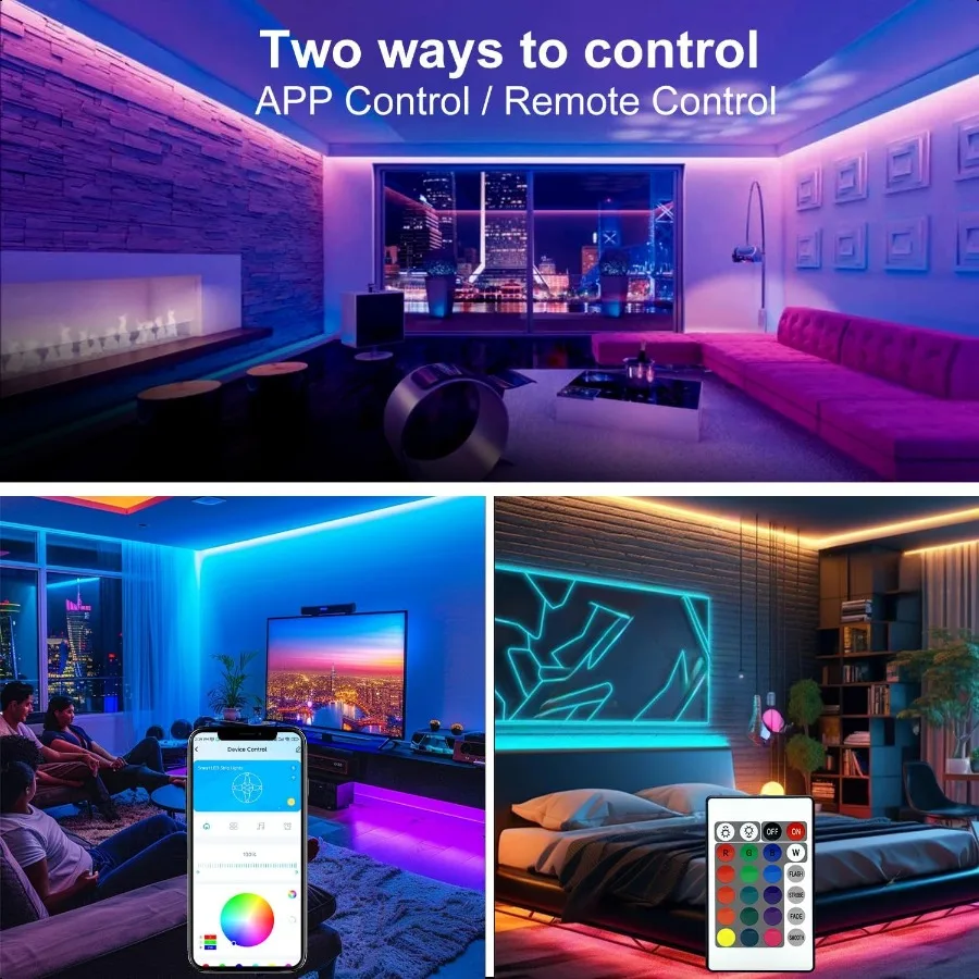 寝室用LEDライト 110フィート 1ロール LEDスマートストリップライト アプリ制御 リモコン付き RGB LEDライトストリップ 音楽同期 カラー