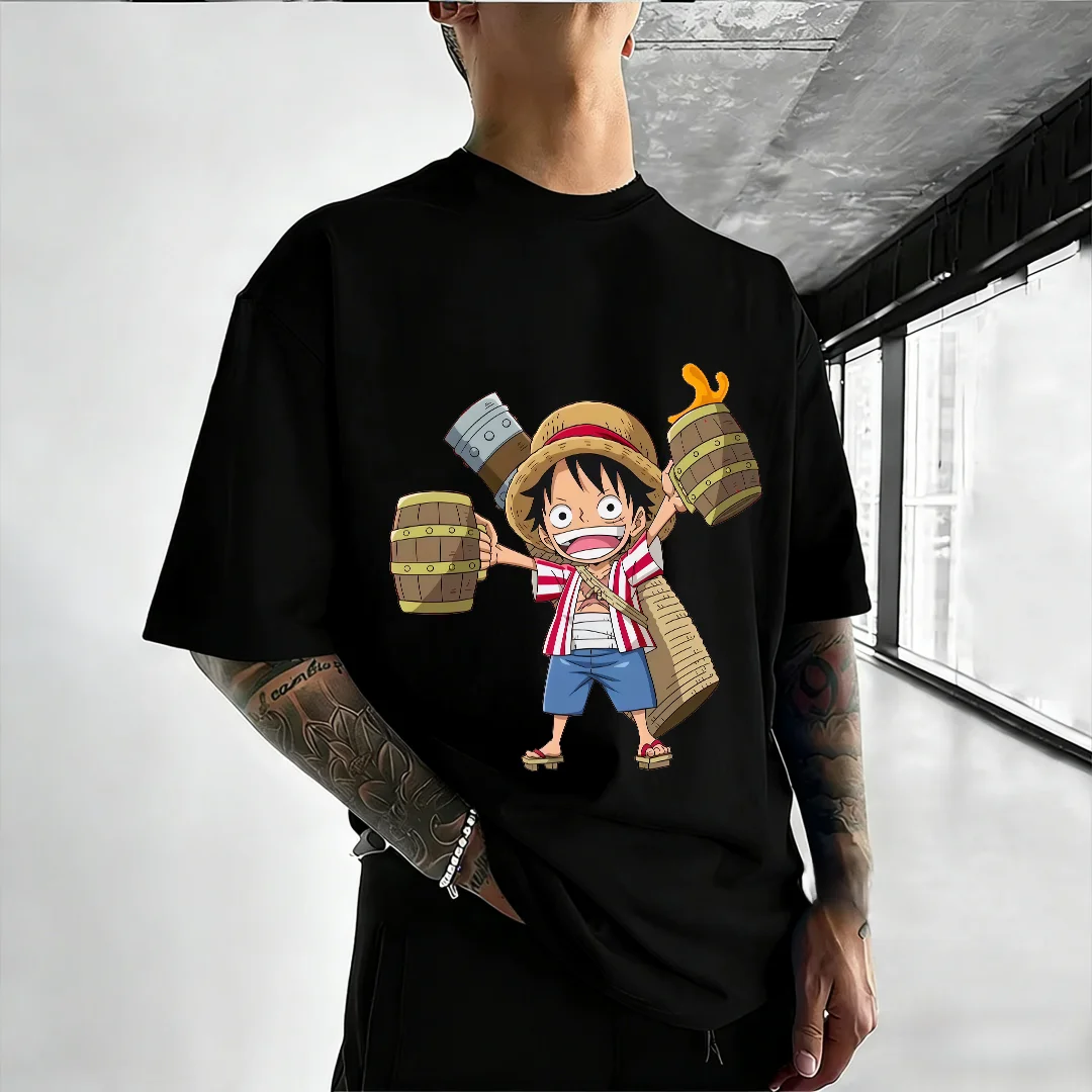 

2026 Summer Hot Sale One Piece Luffy Chibi T Shirt Men Cute Anime Beer Barrel Print Casual Loose Short Sleeve Streetwear Top Tee