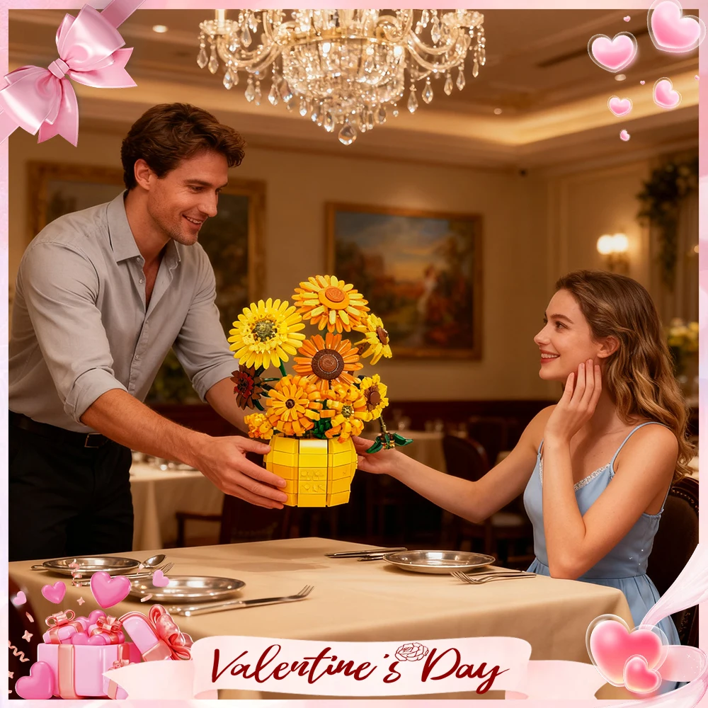 

DIY Sunflower Flower Pot Building Blocks Kids Adults Flower Bouquet Vase Model Bricks Valentine Holiday Home Decor Toy Best Gift