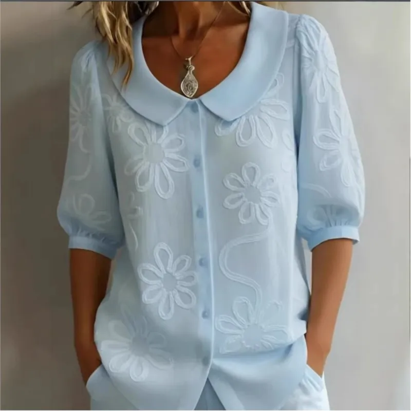 Elegant Flower Printed Shirts For Women Turn Down Collar Half Sleeve Blouses Women Summer Shirts Office Lady Tops