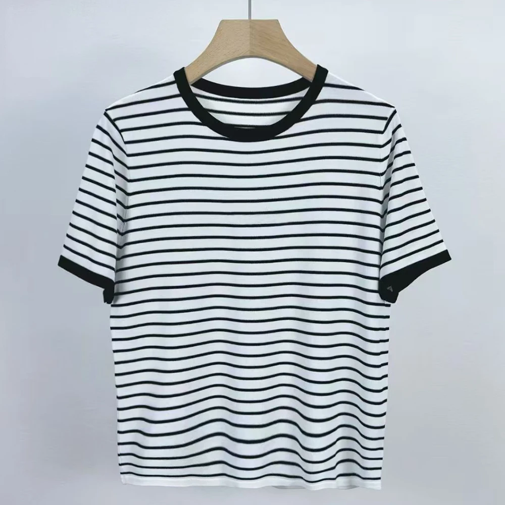 

Summer New Women's Color Block round Neck Chest Letter Knitted Sweater Short Sleeve Casual Style Knitwear Casual Fashion