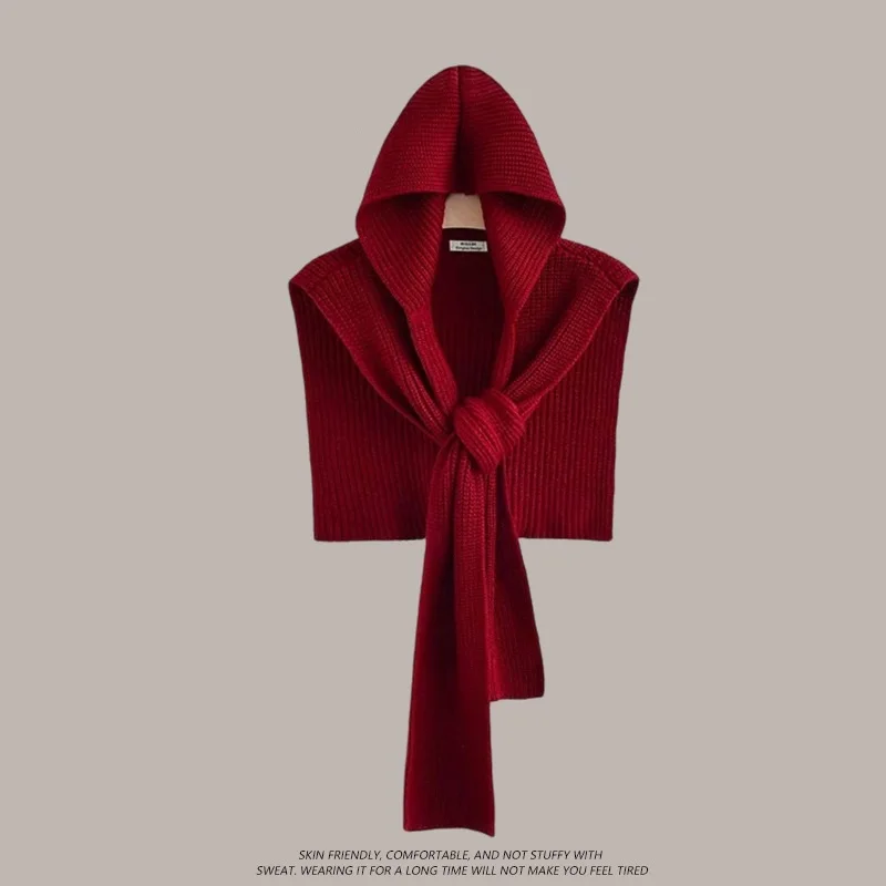 Imitate Wool Design Sense Fashionable Knitted Hooded Shawl Women Autumn and Winter Warm Versatile Outer Vest Scarf Poncho P1