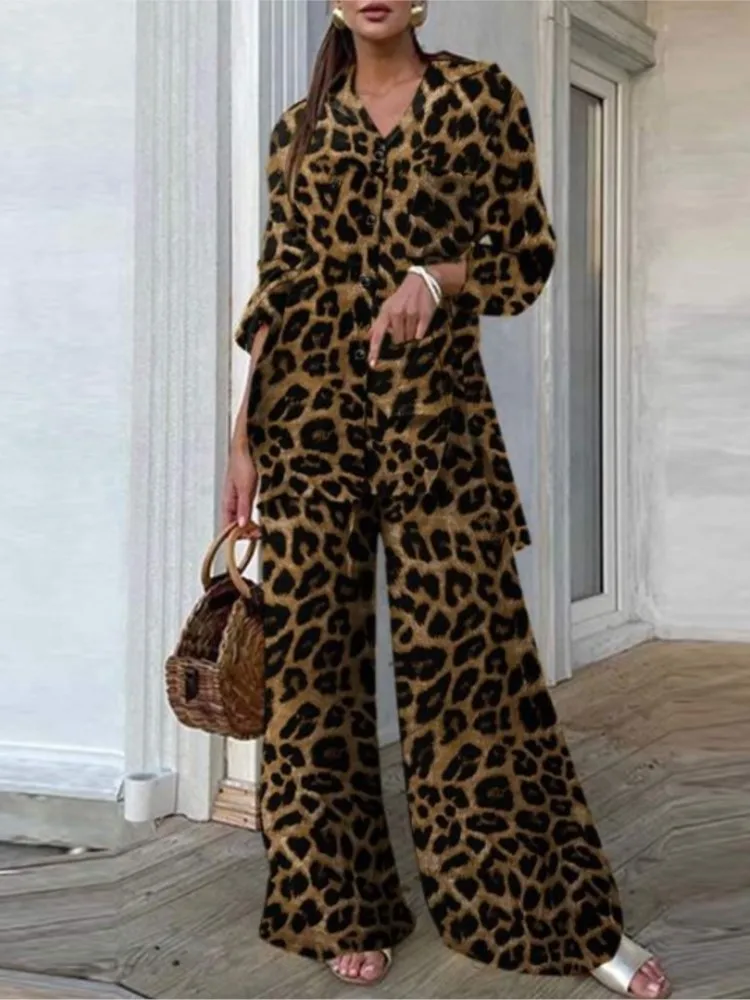 

Trendy Leopard Print Pants Sets Women Loose Long Sleeve Shirts Wide Legs Trousers Two Piece Set Casual Ladies Commuting Suit New