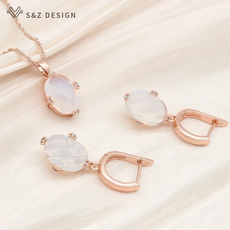 S&Z DESIGN New Fashion Oval Pink Cubic Zirconia Drop Earrings Pendant Necklace Jewelry Sets For Women Girl Elegant Jewelry