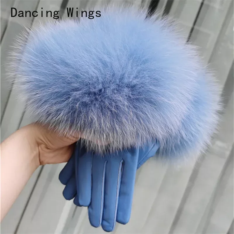 Female Luxury Real Leather Gloves With Real Fox Fur Cuff Women Warm Winter Genuine Leather Gloves Ladies Casual Hand Warmer