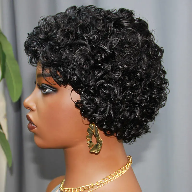 Short Curly Pixie Cut Human Hair Wigs For Black Women Natural Black  Brazilian Virgin Bob Full Machine Made Wigs 100% Human Hair