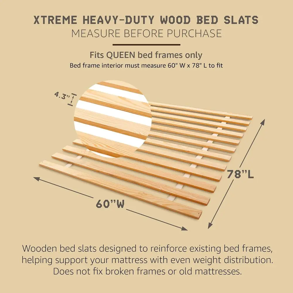 Xtreme Bed e Support Slats, Heavy-Duty Solid Pine Wood | Bunkie Board Under Bed-Support, Wooden Support Board or Sagging, Queen