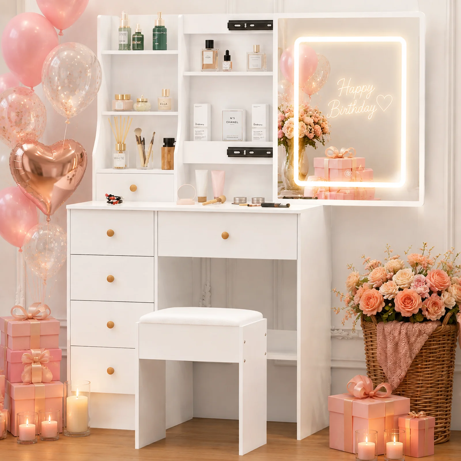 Modern White Vanity Desk with LED Mirror, Stool and Multi Storage Drawers, Bedroom Makeup Dressing Table Set