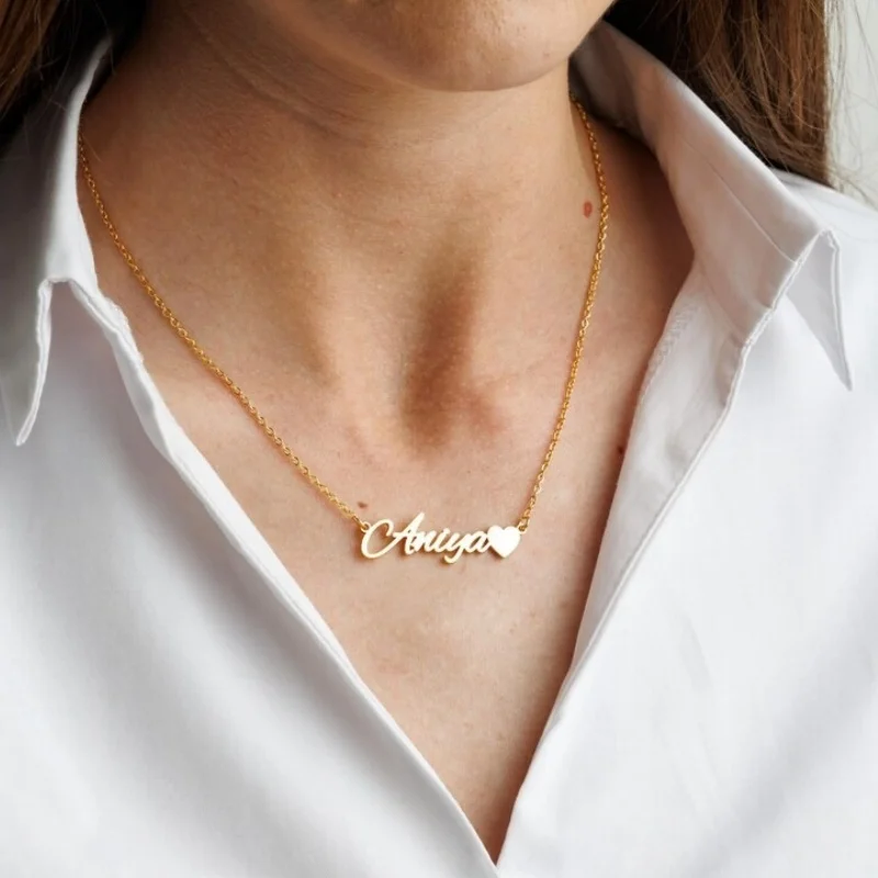 Personalized Cursive Name With Side Heart Necklace,304 Stainless Steel Custom Pendant Birthday Gift for Her Ladies Jewelry