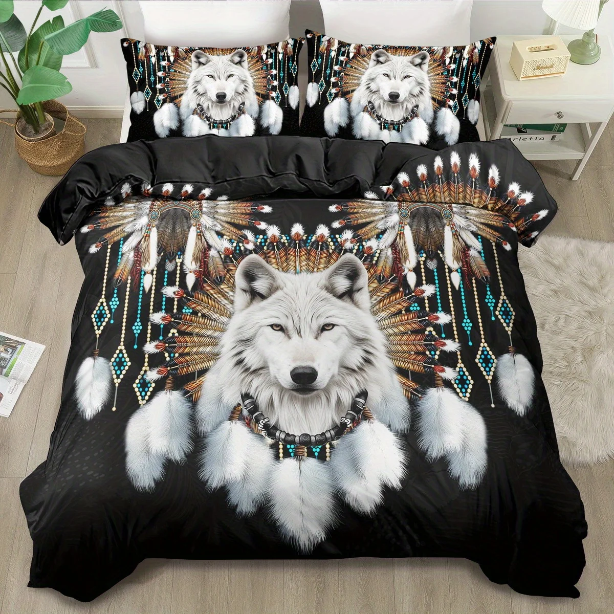 

3pcs Soft Comfortable Wolf Duvet Cover Sets King Western Tribe Wolf Bedding Set Animal Print Duvet Cover Sets for Bedroom