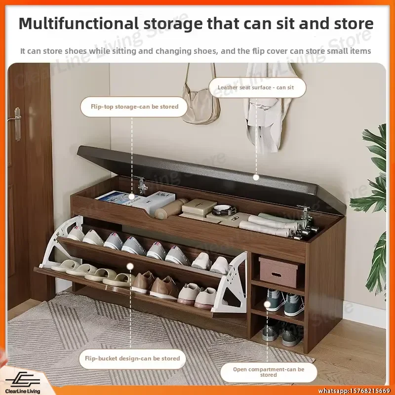 Shoe Cabinet with Stool for Entryway Low Height Shoe Storage Bench Cushioned Seat Long Shoe Rack Organizer for Home Hallway