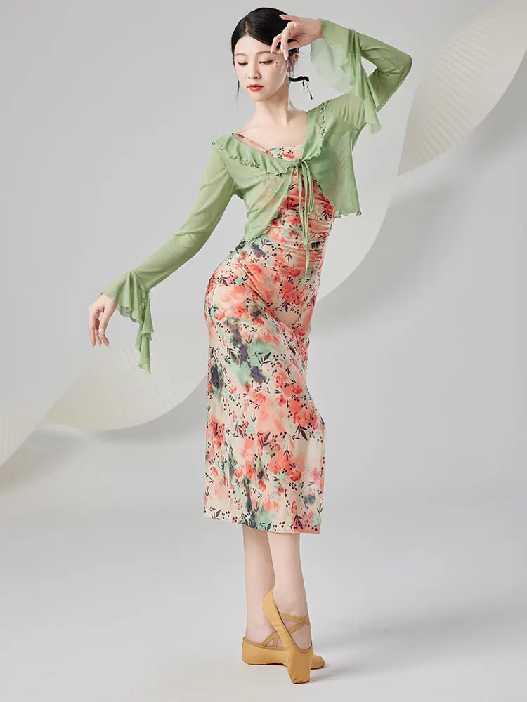 Tradycyjny chiński kostium taneczny Vintage Mesh Qipao Cheongsam Dress Stage Performance Practice Ancient Folk Dance Dress