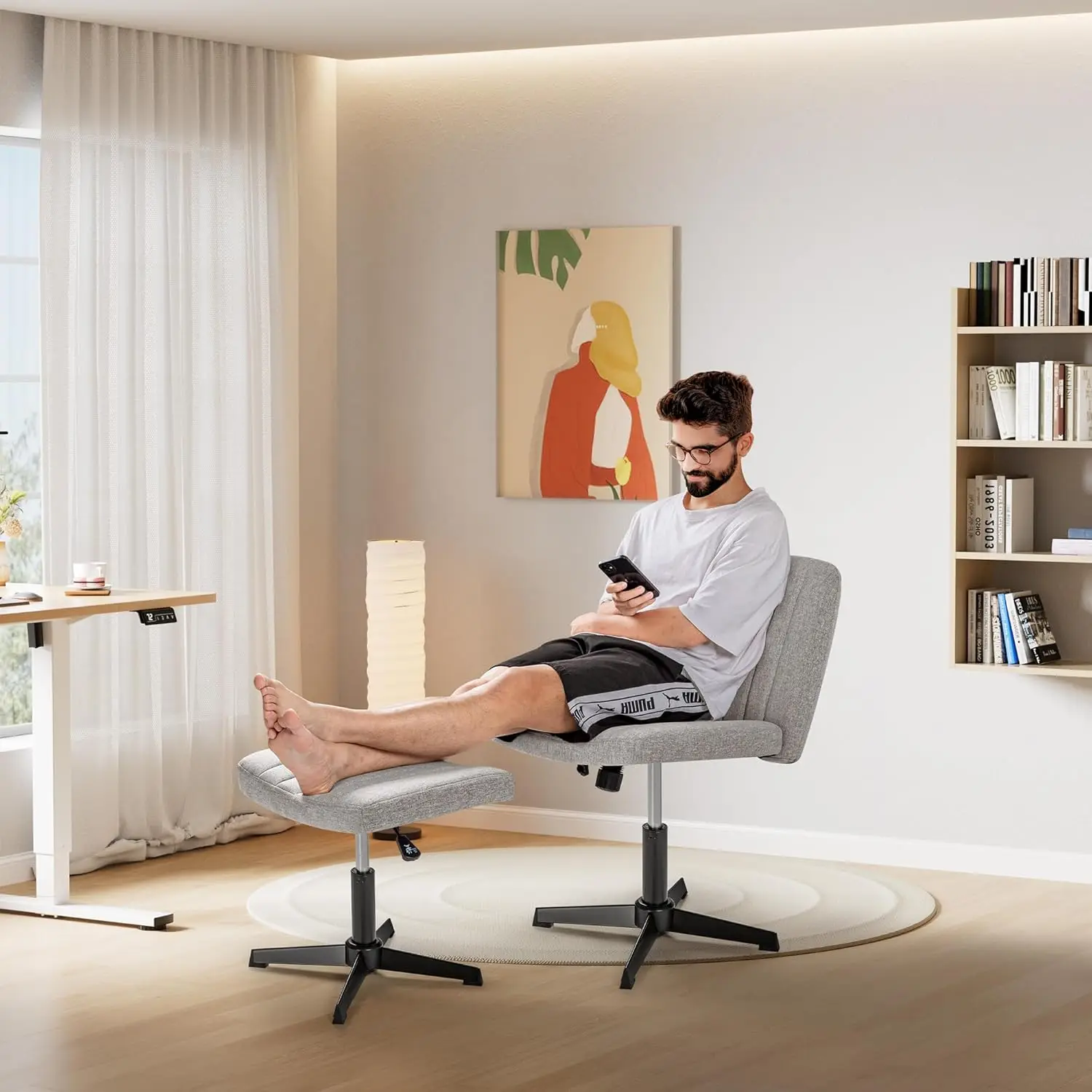 

Desk Chair No Wheels Arms, Armless Office Chair with Ottoman, Cross Legged Wide Fabric Padded Home Office Task
