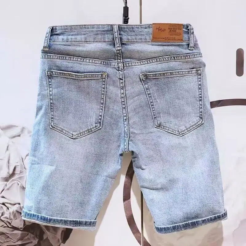 Summer 2025 Fashion Denim Shorts Men's Korean Slim-fitting Cargo Pants Youth Brand Printed Versatile Elastic Half Pants Man