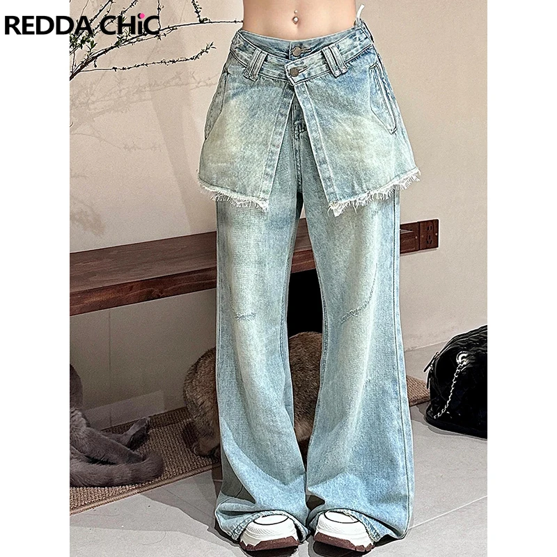 

ReddaChic Fake Two-piece Baggy Jeans Women Raw Edge Destroyed Vintage Wash Patchwork Lace Wide Leg Pants Korean Y2k Streetwear