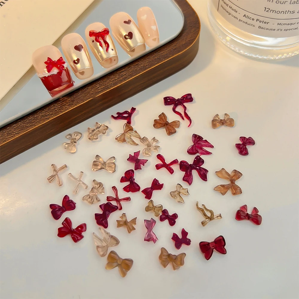 50 Uds. De cinta translúcida, diamantes de imitación de resina para uñas, formas mixtas, bonito lazo, decoración de uñas de invierno, joyería de manicura femenina