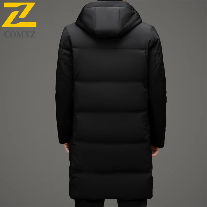COMXZ Men Long Down Jacket High Quality Outdoor Work Lightweight Padded Jacket Trendy Detachable Hood Business Warm Winter Parka