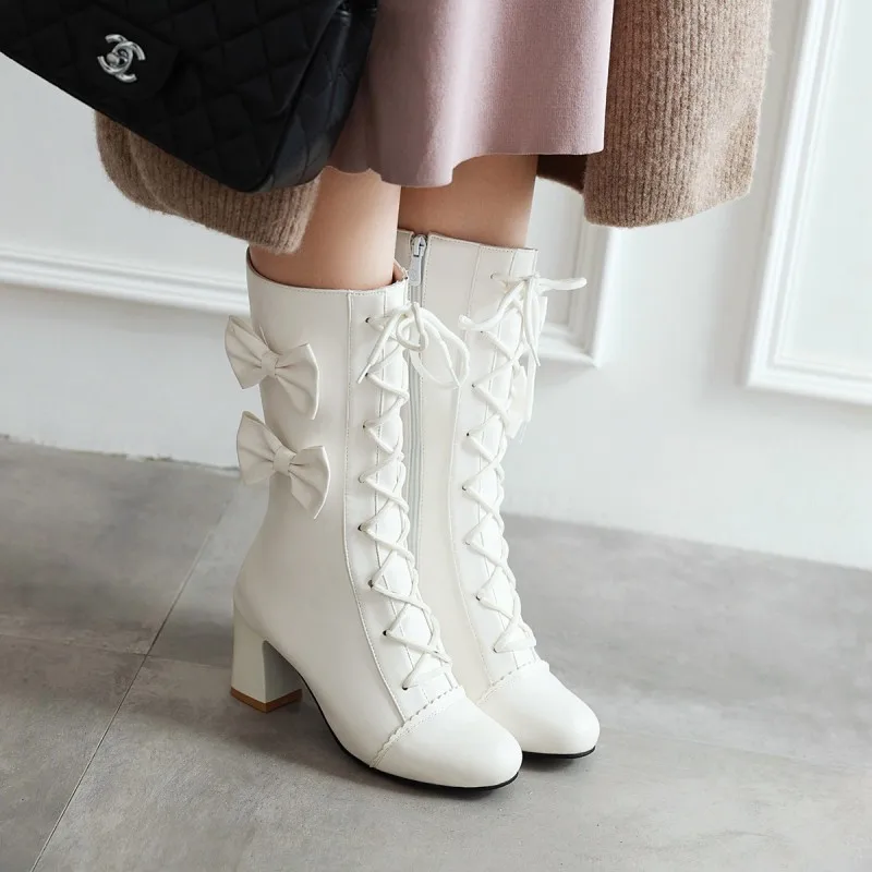 Autumn Winter Girls Boots Sweet Bow Mid Boots High Heel Lace Women\'s Boots Pink Lolita Student Snow Boots Girls Party Shoes30-43