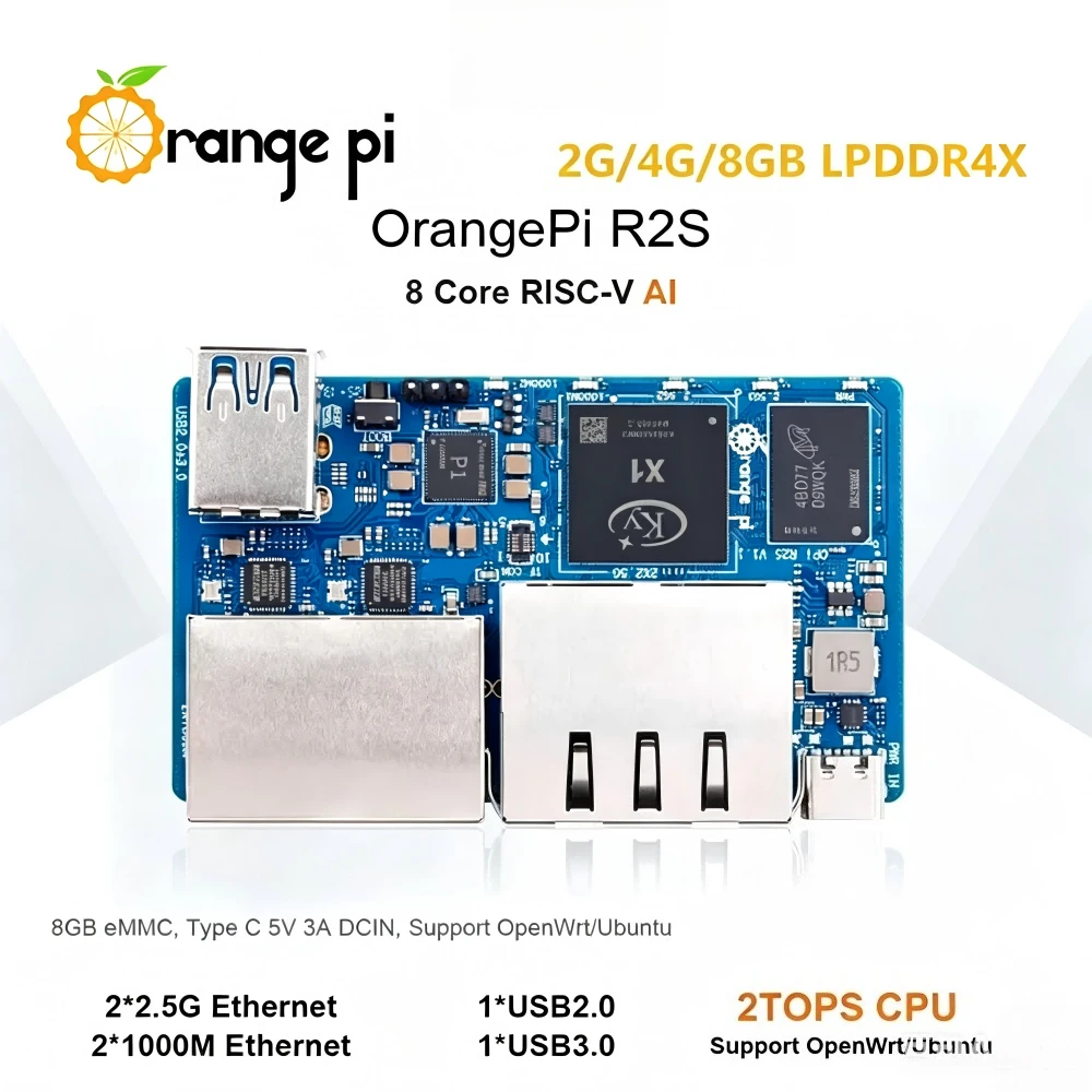 

OrangePi R2S X1 (Allwinner D1 RISC-V) - 8-Core 2TOPS AI Board, 2/4/8GB RAM, WiFi 6, BT5.0, Dual GbE, M.2 NVMe