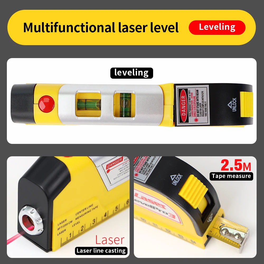 3 in 1 Laser Level Multi-functional Laser Tape Measure Horizontal Meter Vertical Equipment Level Ruler with Built-in 2.5m Tape