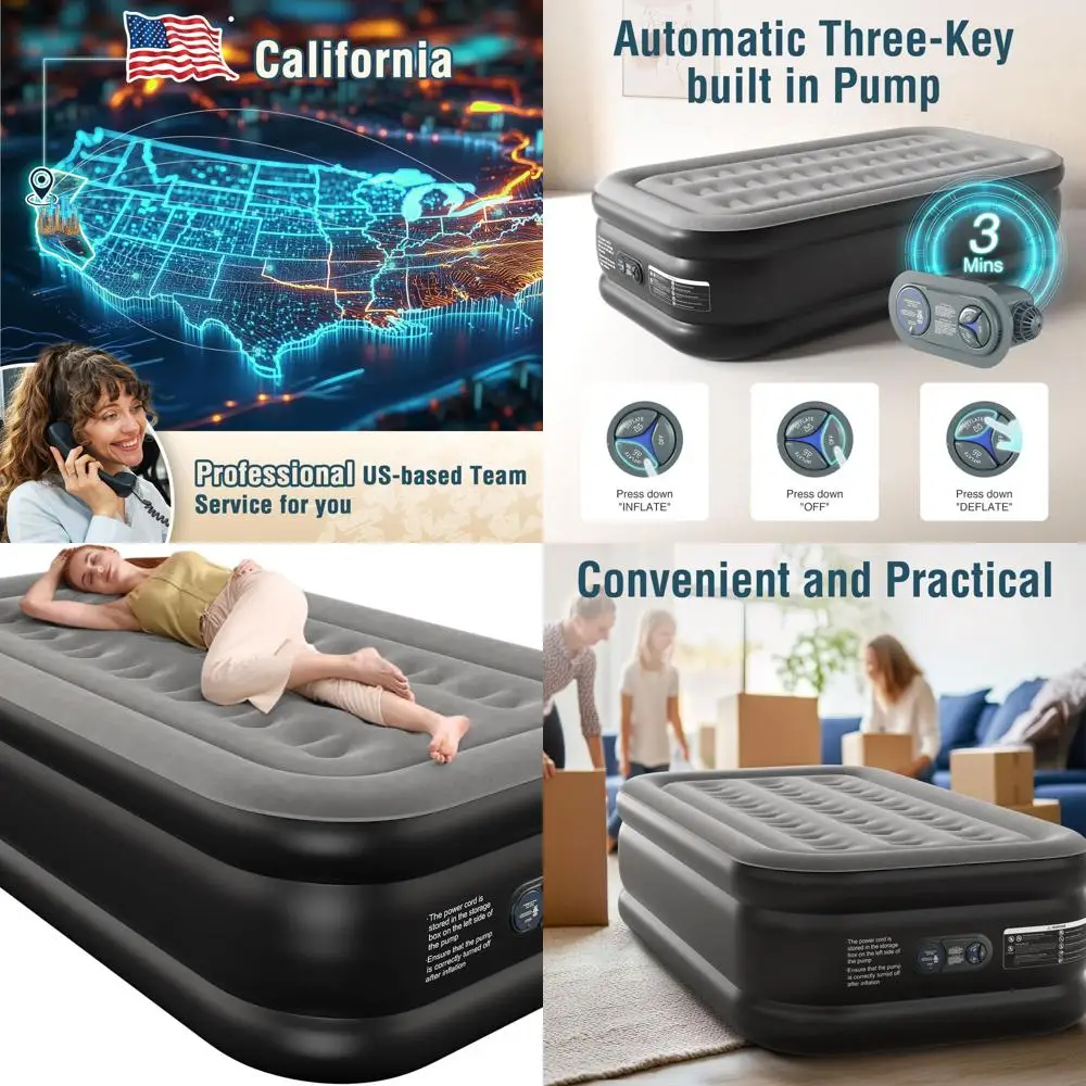 

Portable Twin Size Air Mattress with Flocked Surface, Built-in Pump, and Carry Bag for Guests, Office, Camping (Black)