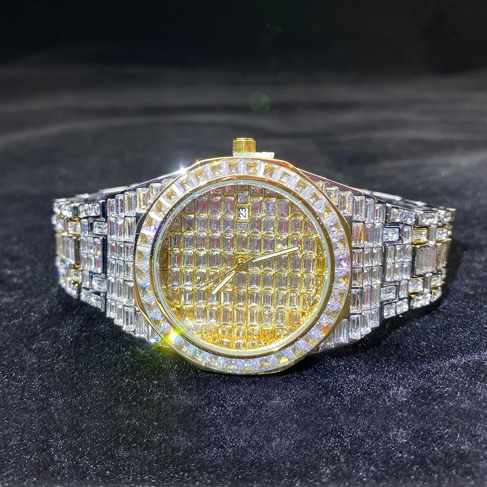 Jam Tangan Quartz Batu Mewah untuk Pria Wanita Hip Hop Warna Emas dengan Tanggal, Tahan Air, dan Bercahaya, Jam Tangan Fashion
