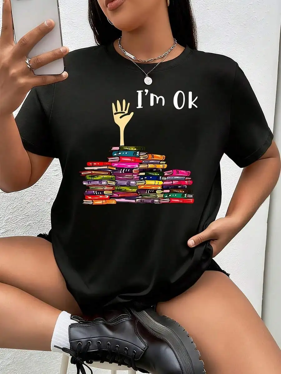 Camiseta gráfica Im Ok Book Stack para mujer, camiseta informal extragrande, 100% poliéster, cuello redondo